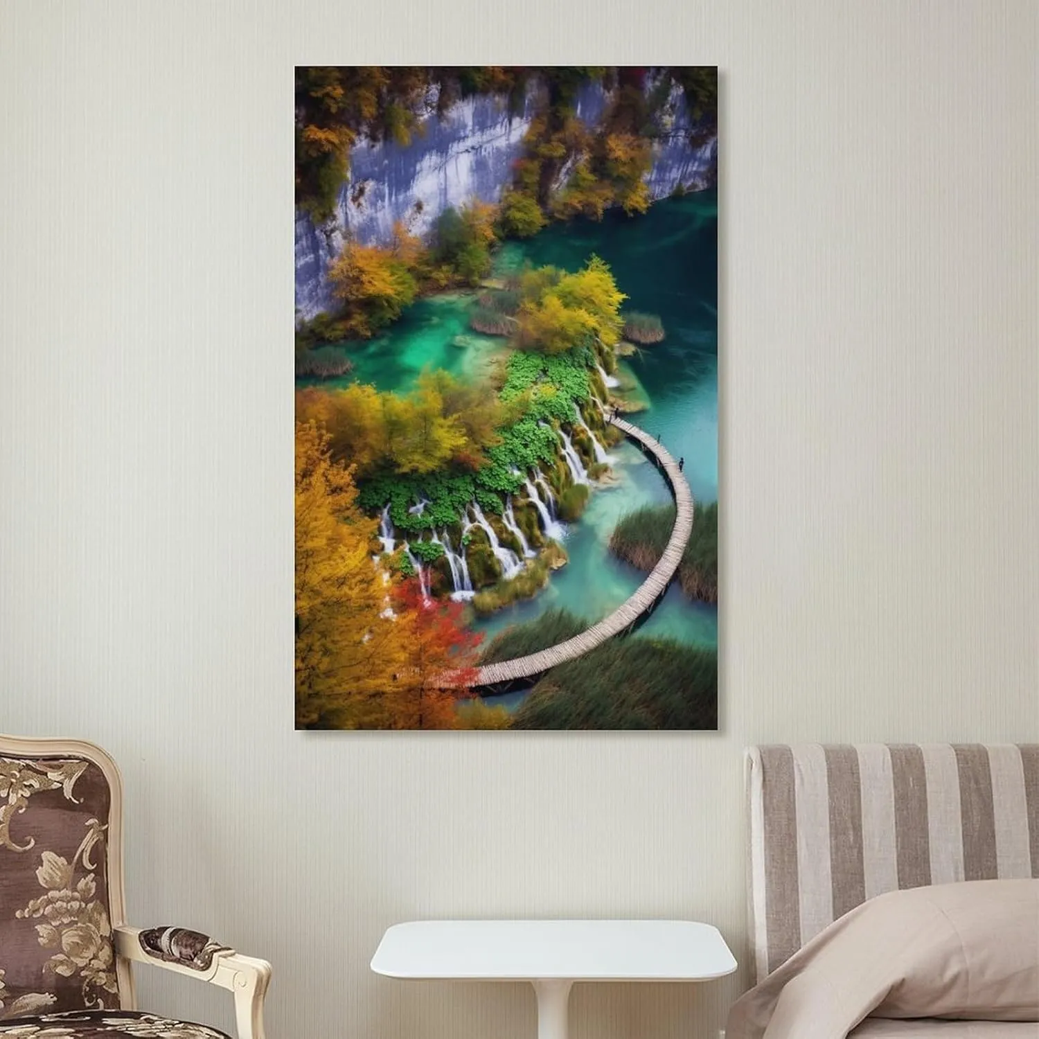 josnmre Plank Road Fall Forest Waterfall River Landscape Nature Mountain Poster Canvas Wall Art Posters & Prints Hanging Painting for Bedroom Classroom Dorm Living Room Aesthetic Decor Mural Framed Un