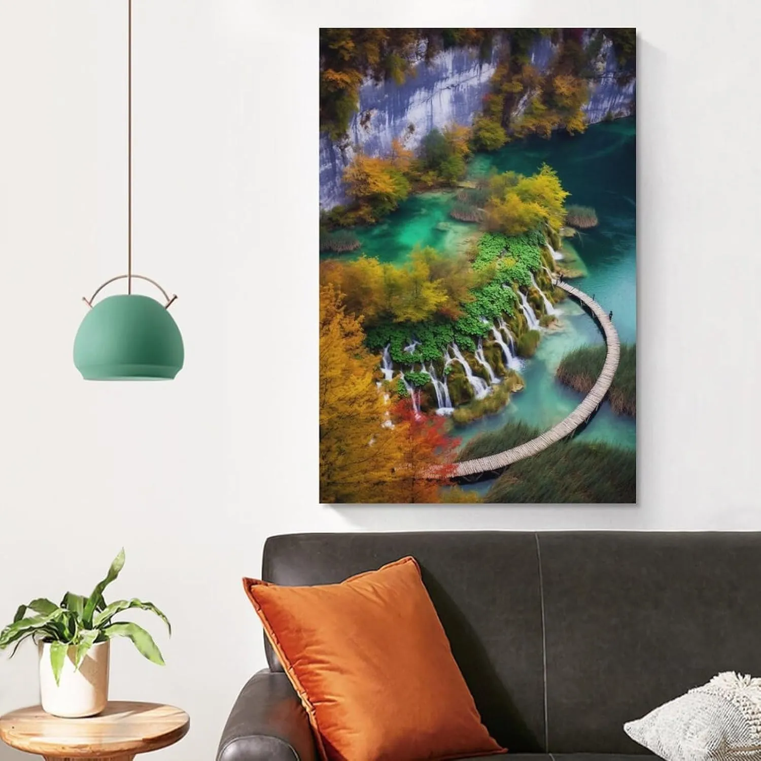 josnmre Plank Road Fall Forest Waterfall River Landscape Nature Mountain Poster Canvas Wall Art Posters & Prints Hanging Painting for Bedroom Classroom Dorm Living Room Aesthetic Decor Mural Framed Un