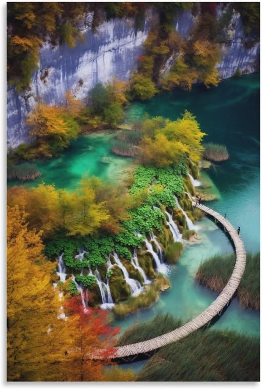 josnmre Plank Road Fall Forest Waterfall River Landscape Nature Mountain Poster Canvas Wall Art Posters & Prints Hanging Painting for Bedroom Classroom Dorm Living Room Aesthetic Decor Mural Framed Un