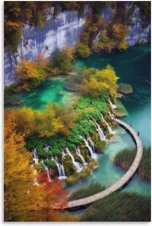 josnmre Plank Road Fall Forest Waterfall River Landscape Nature Mountain Poster Canvas Wall Art Posters & Prints Hanging Painting for Bedroom Classroom Dorm Living Room Aesthetic Decor Mural Framed Un