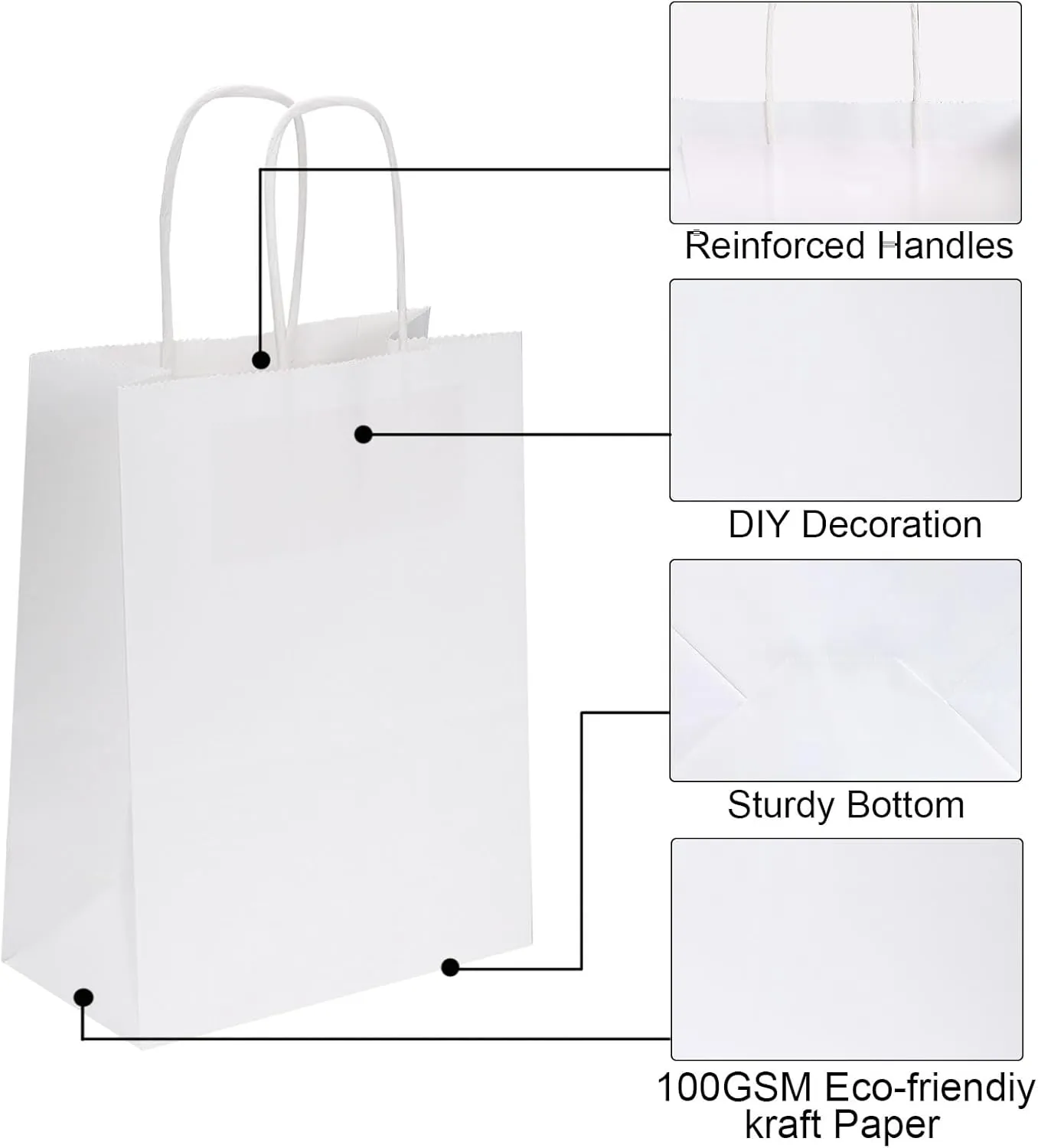 Joybe 300 Pack 6x3.25x8 Inch Small White Paper Bags with Handles Bulk, Kraft Paper Gift Bags for Birthday Party Favors Grocery Retail Shopping Business Goody Merchandise Craft Blank Sacks (300pcs)