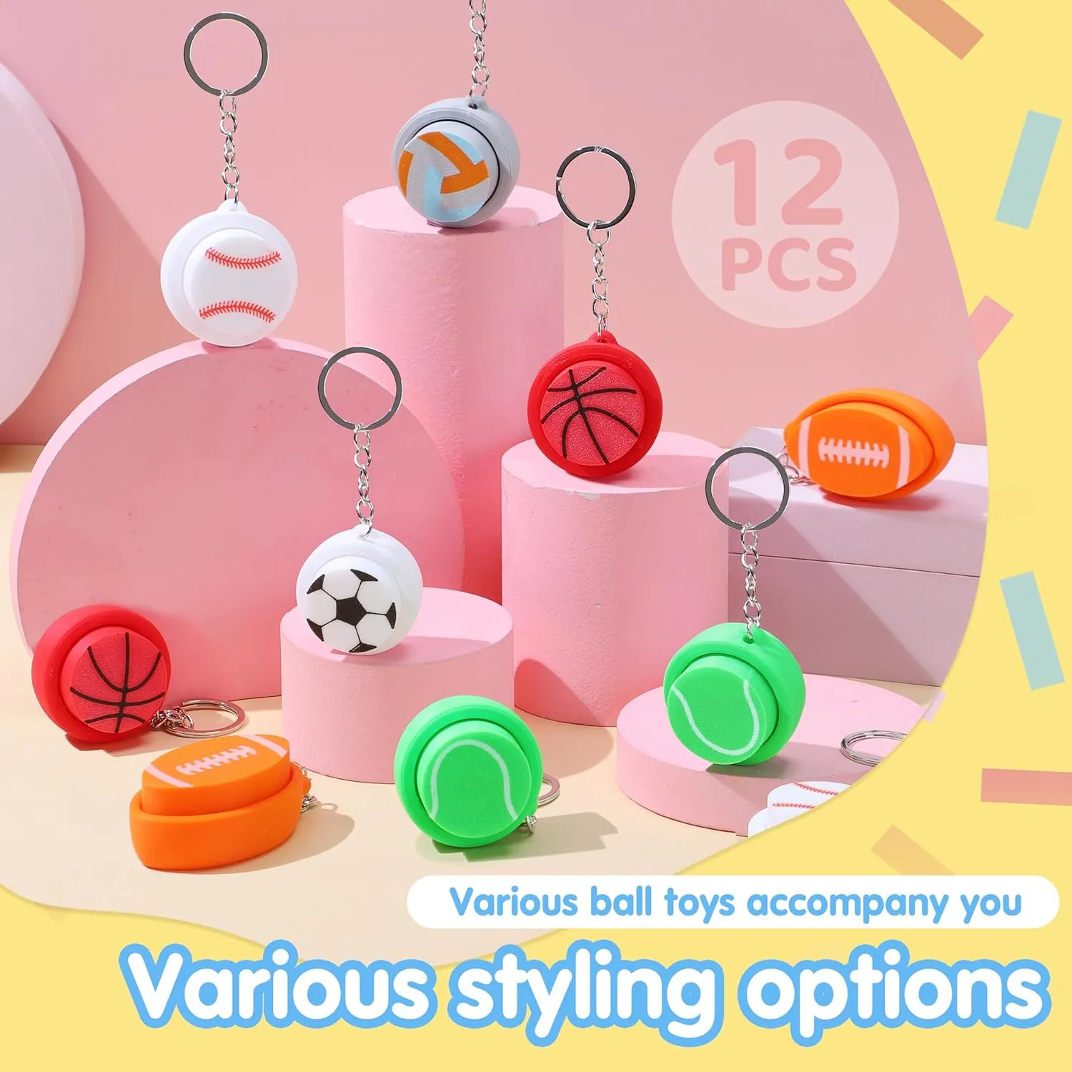 JOYIN 12 Pcs 3D Printed Sports Balls Fidget Clicker Toys, Sensory Fidget Toys Keychain for Relief Stress Autism Hyperactivity, Kids Adults Birthday Gifts Gifts Goodie Bags Stuffers