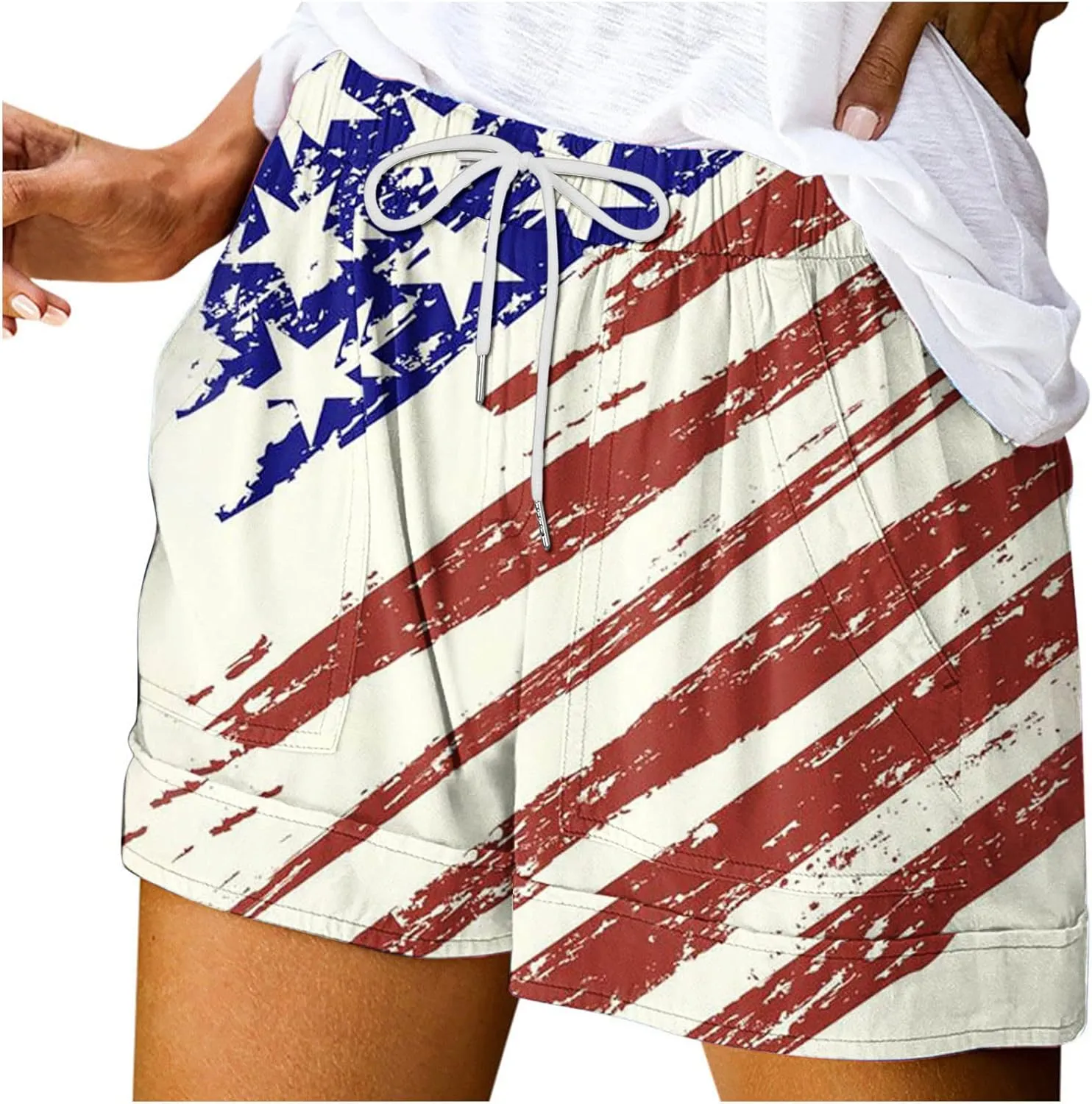 July 4th Shorts for Women American Flag Printed Drawstring Elastic Waist Shorts Party in The USA Summer Fashion 2023