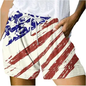 July 4th Shorts for Women American Flag Printed Drawstring Elastic Waist Shorts Party in The USA Summer Fashion 2023