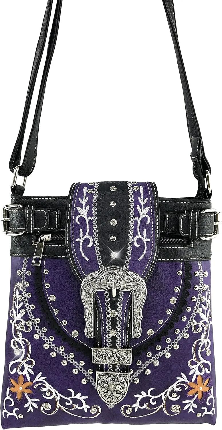 Justin West Concealed Carry Flower Embroidered Leaf Tooled Flower Buckle Handbag