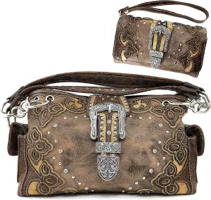 Justin West Concealed Carry Silver Buckle Embroidered Flower Vine Leaf Handbag