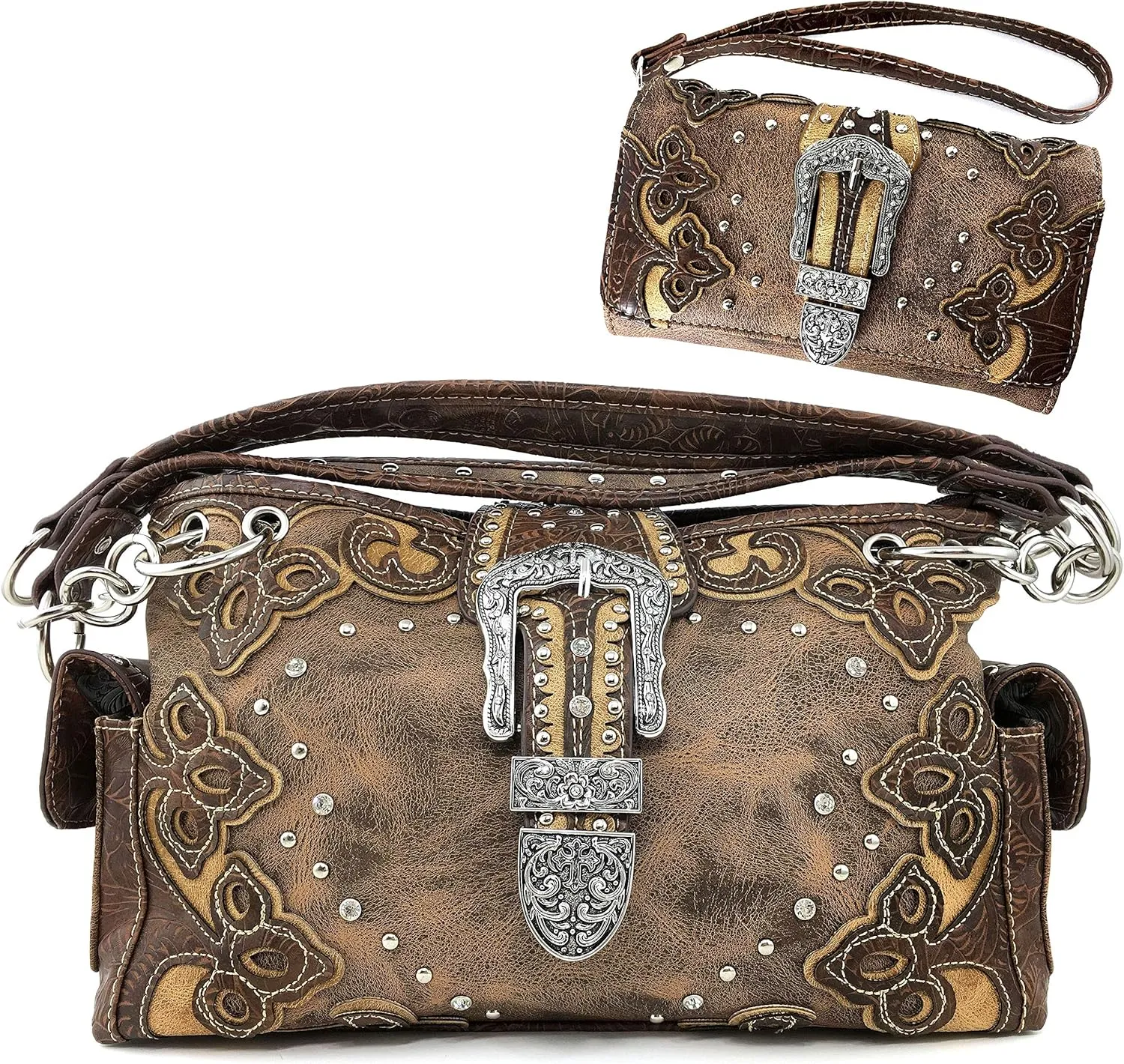 Justin West Concealed Carry Silver Buckle Embroidered Flower Vine Leaf Handbag