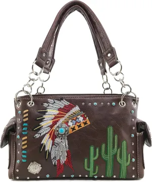 Justin West Native American Chieftain Cactus Feathers Embroidered Studded CCW Concealed Carry Shoulder Purse Handbag