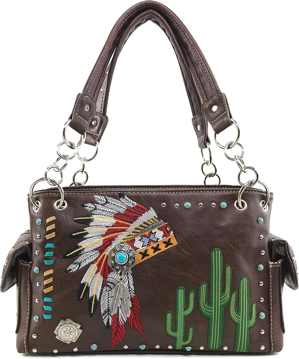 Justin West Native American Chieftain Cactus Feathers Embroidered Studded CCW Concealed Carry Shoulder Purse Handbag