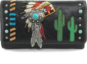 Justin West Native American Chieftain Cactus Feathers Embroidered Studded CCW Concealed Carry Shoulder Purse Handbag