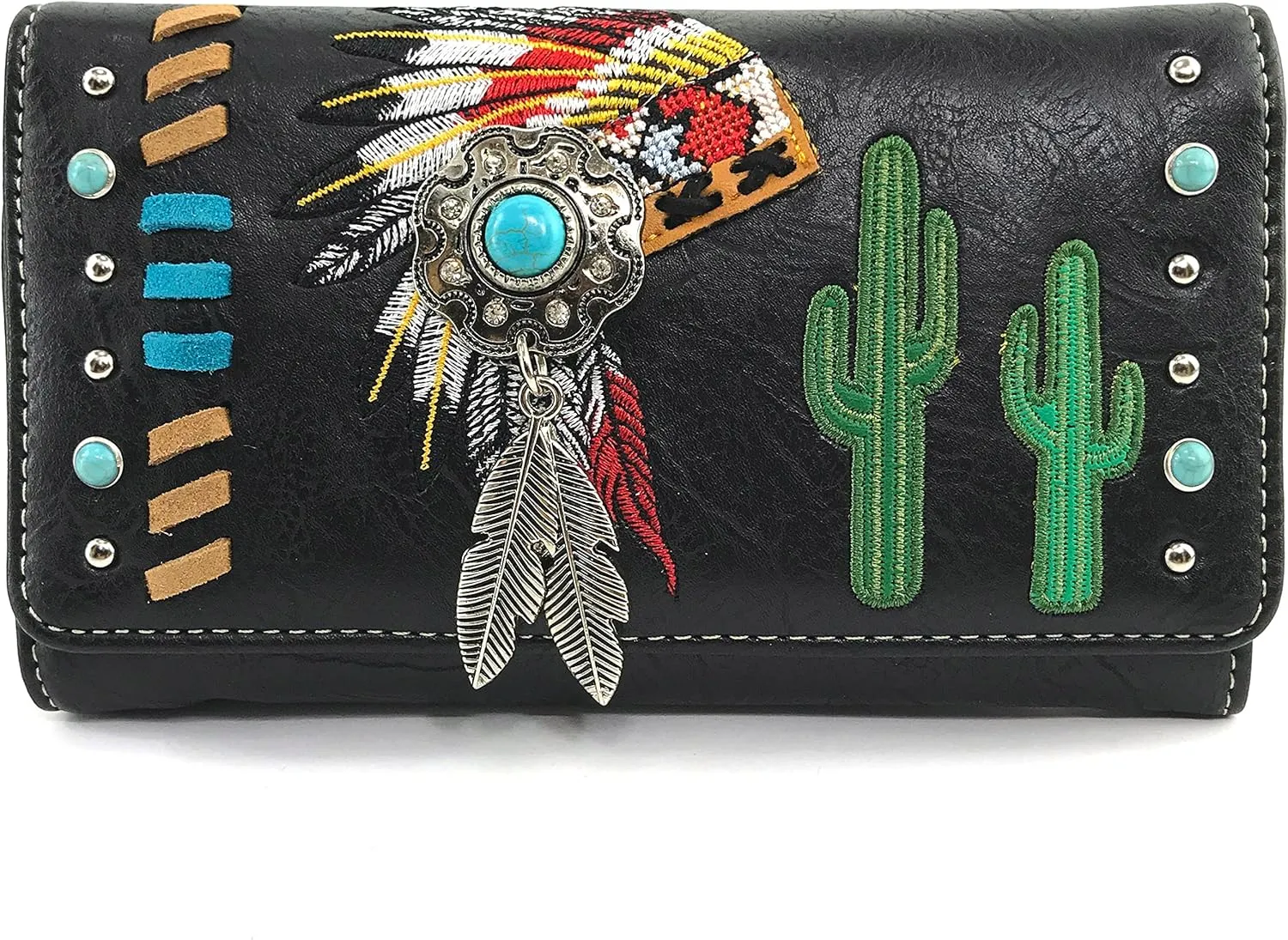 Justin West Native American Chieftain Cactus Feathers Embroidered Studded CCW Concealed Carry Shoulder Purse Handbag