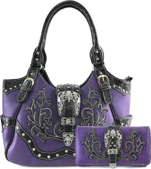 Justin West Tooled Laser Cut Leather Floral Embroidery Rhinestone Buckle Studded Shoulder Concealed Carry Tote Style Handbag Purse (Purple Purse and Wallet Set)