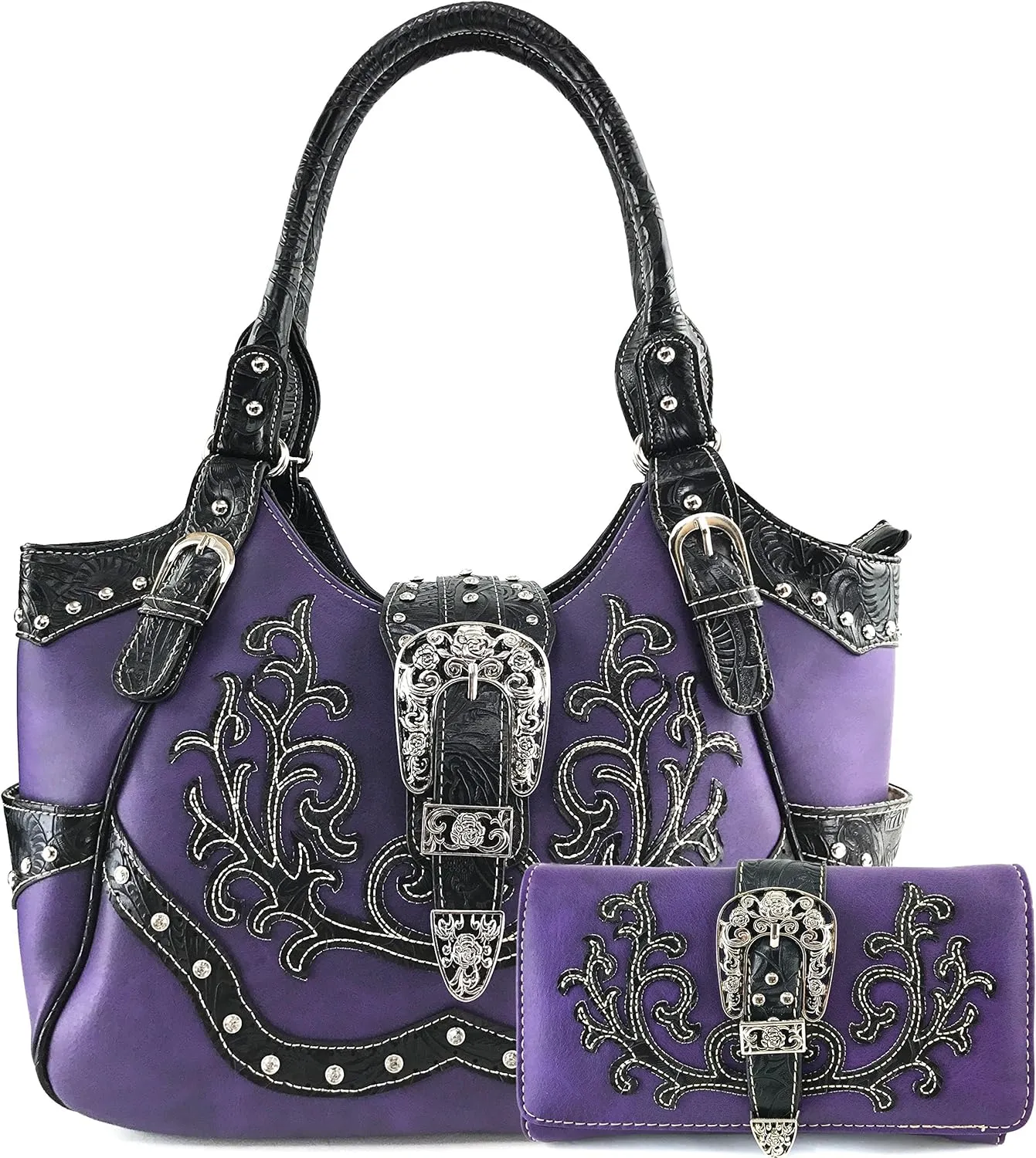 Justin West Tooled Laser Cut Leather Floral Embroidery Rhinestone Buckle Studded Shoulder Concealed Carry Tote Style Handbag Purse (Purple Purse and Wallet Set)