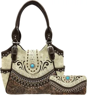 Justin West Tooled Leather Laser Cut Rhinestone Concho Studded Shoulder Concealed Carry Tote Style Handbag Purse Wallet