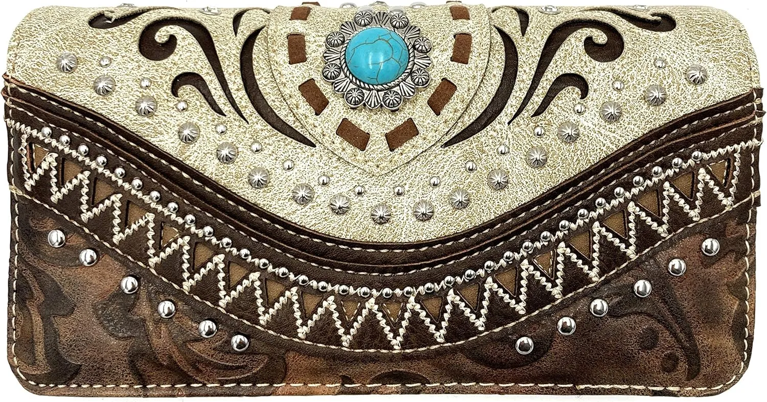 Justin West Tooled Leather Laser Cut Rhinestone Concho Studded Shoulder Concealed Carry Tote Style Handbag Purse Wallet