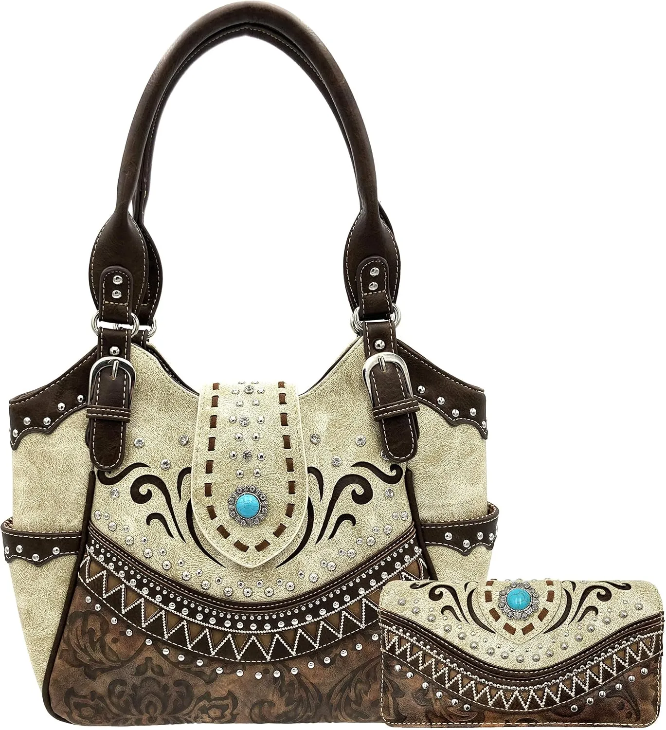 Justin West Tooled Leather Laser Cut Rhinestone Concho Studded Shoulder Concealed Carry Tote Style Handbag Purse Wallet