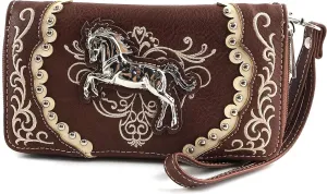 Justin West Western Embroidery Horse Turquoise Concho Rhinestone Studded Shoulder Tote Handbag Purse Wallet