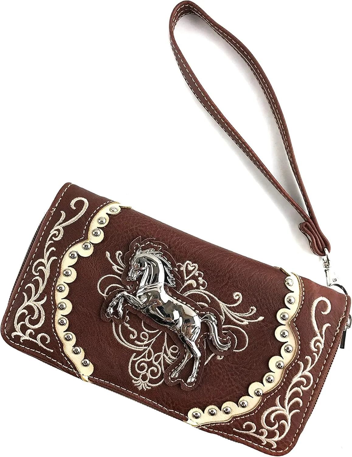 Justin West Western Embroidery Horse Turquoise Concho Rhinestone Studded Shoulder Tote Handbag Purse Wallet