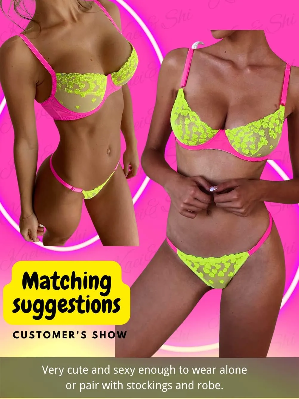 Kaei&Shi Glow In The Dark, Black Light, Heart Embroidered, Underwire Lingerie