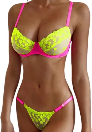 Kaei&Shi Glow In The Dark, Black Light, Heart Embroidered, Underwire Lingerie