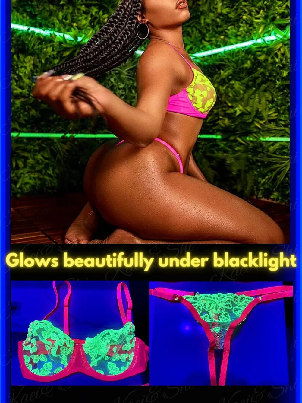 Kaei&Shi Glow In The Dark, Black Light, Heart Embroidered, Underwire Lingerie