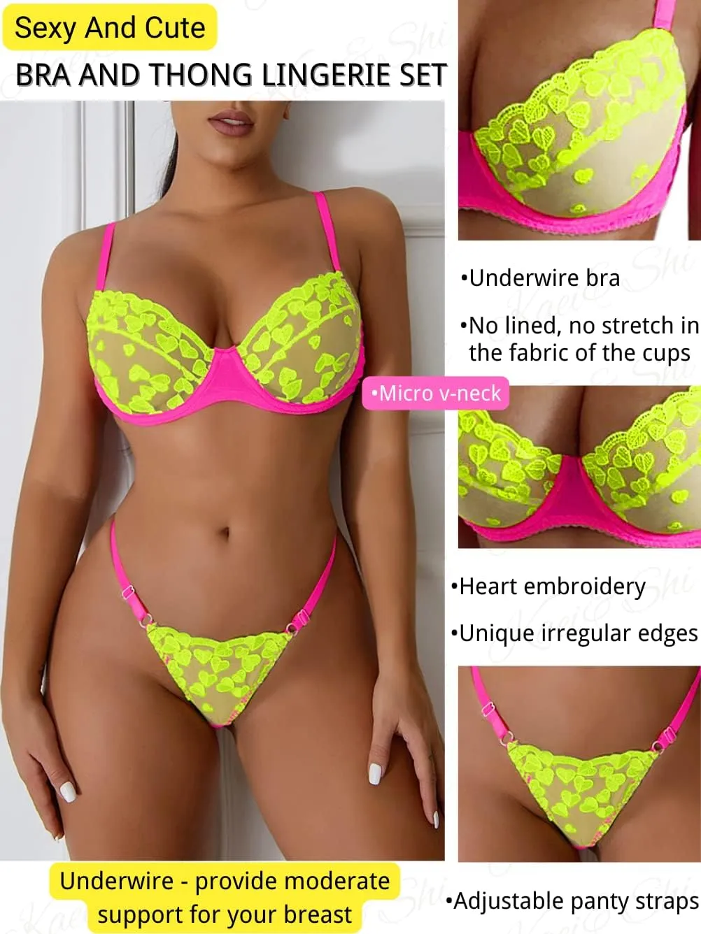 Kaei&Shi Glow In The Dark, Black Light, Heart Embroidered, Underwire Lingerie