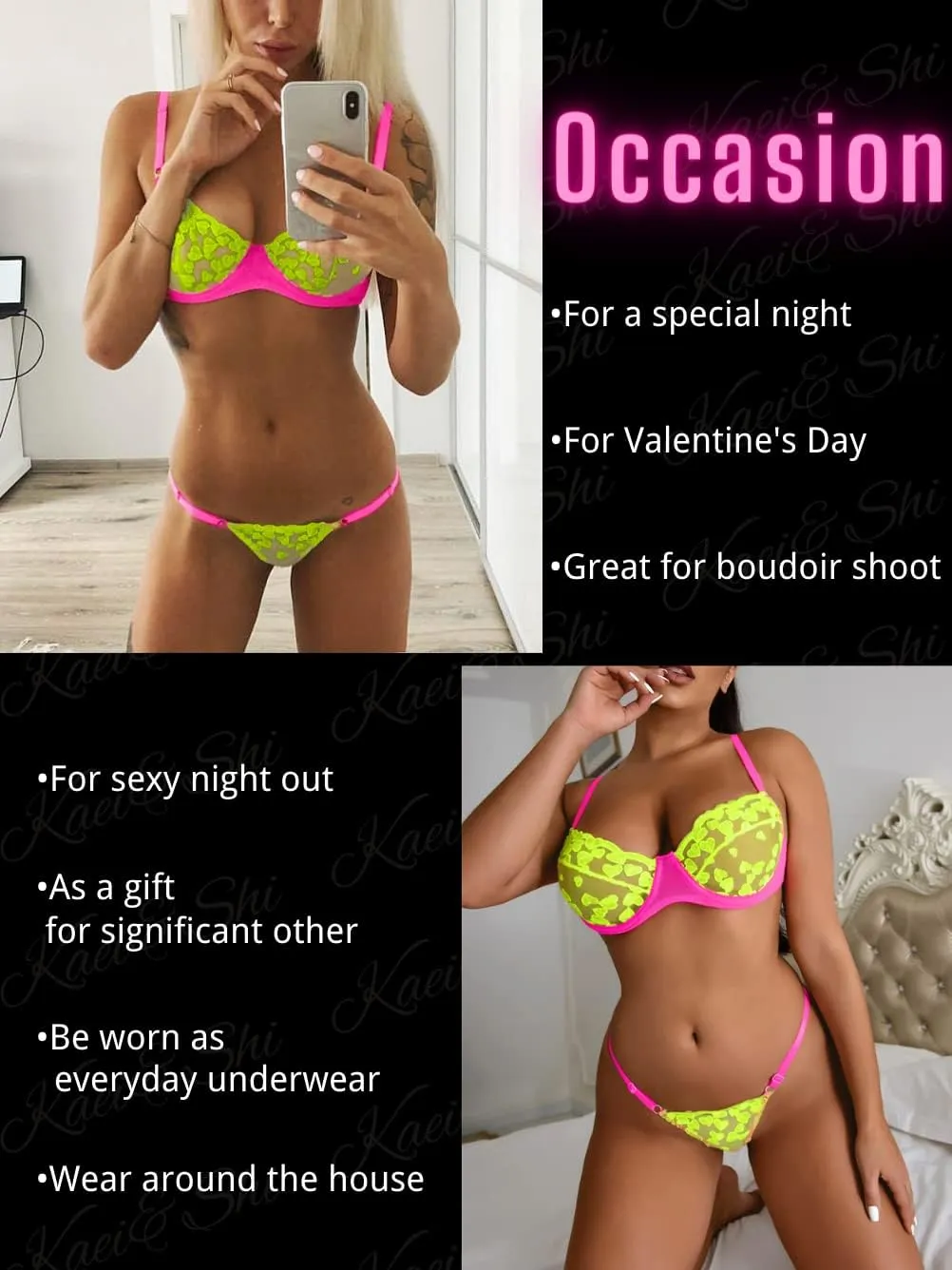 Kaei&Shi Glow In The Dark, Black Light, Heart Embroidered, Underwire Lingerie