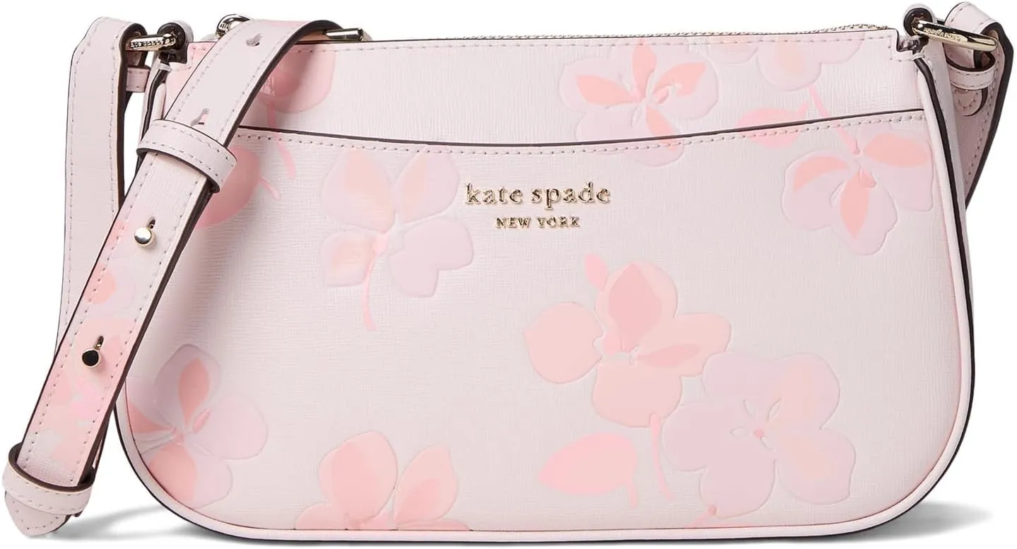 kate spade new york Bleecker Spring Pansies Embossed Saffiano Leather Small Crossbody, Blush Cloud Multi