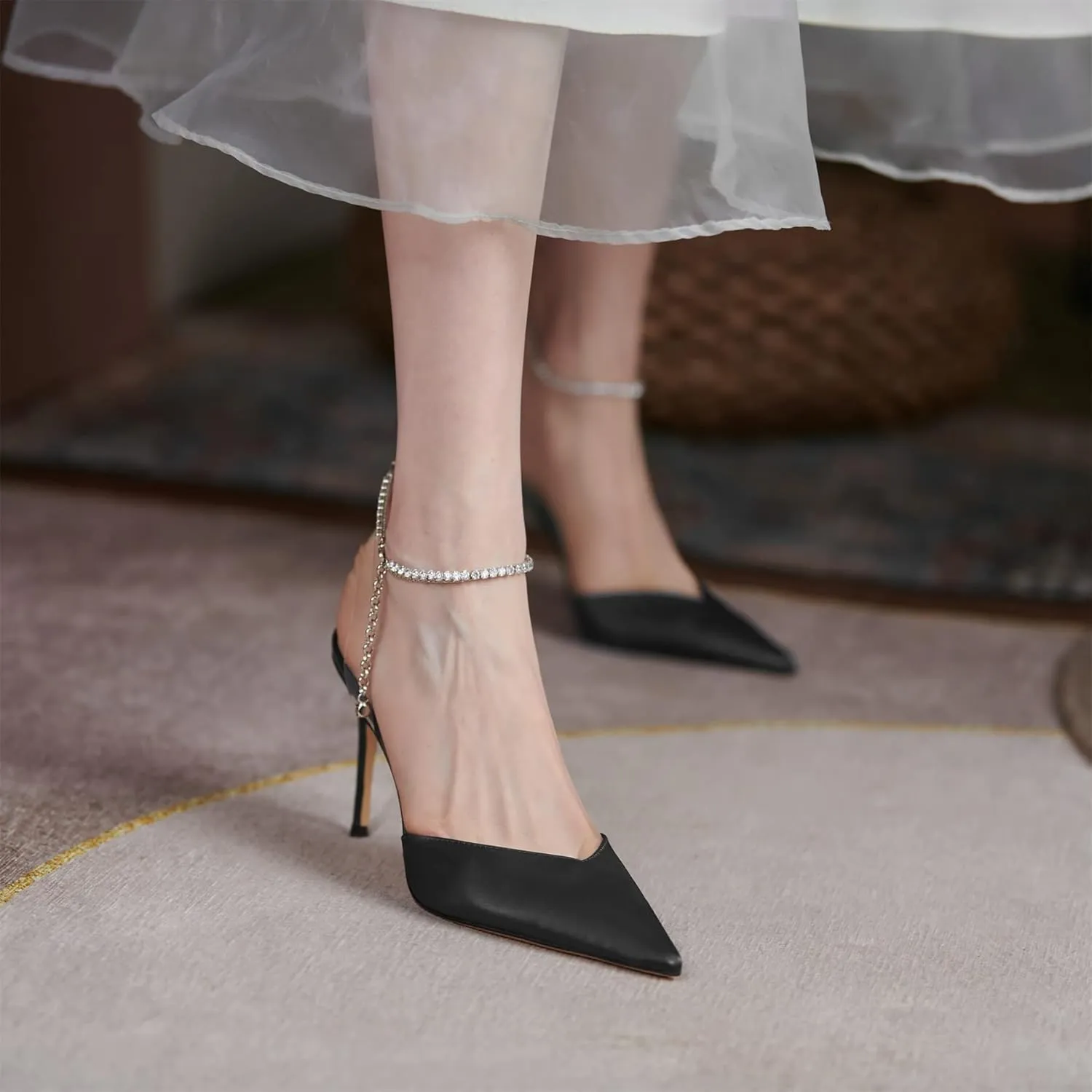 keleimusi Crystal-Embellished Ankle Strap Pumps Wedding Dress Stiletto Heels for Women
