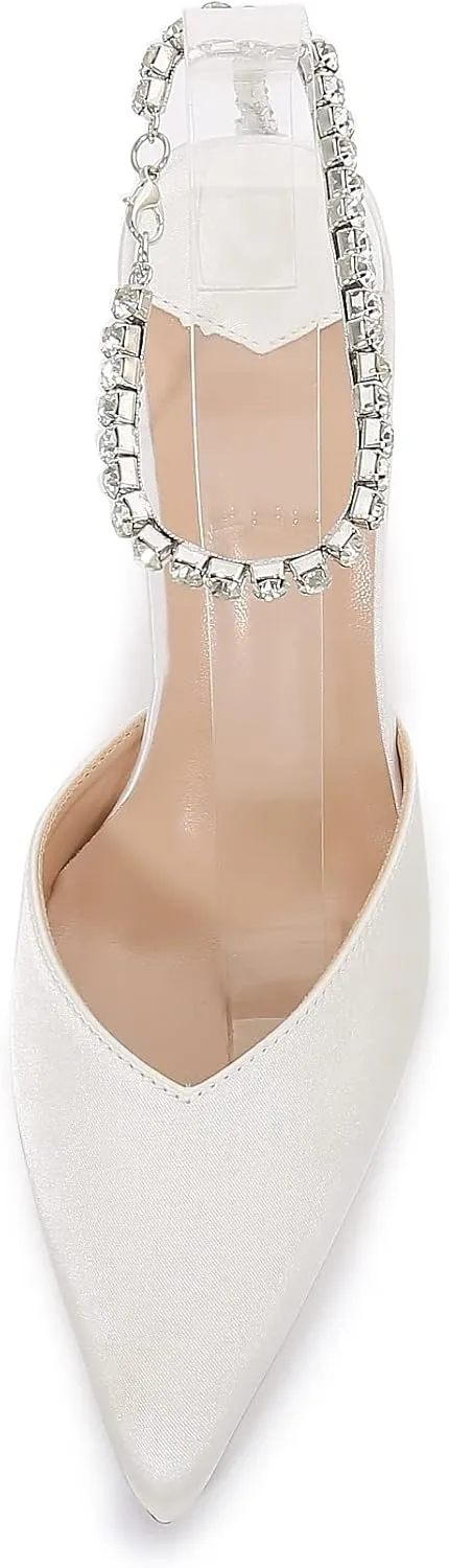 keleimusi Crystal-Embellished Ankle Strap Pumps Wedding Dress Stiletto Heels for Women