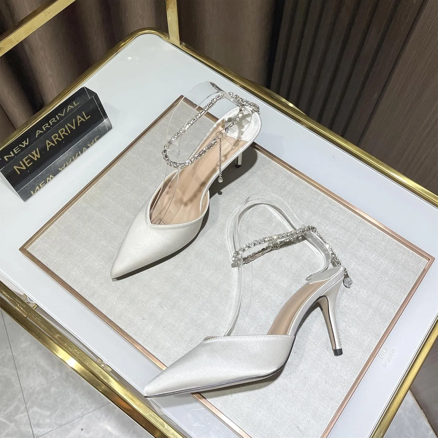 keleimusi Crystal-Embellished Ankle Strap Pumps Wedding Dress Stiletto Heels for Women