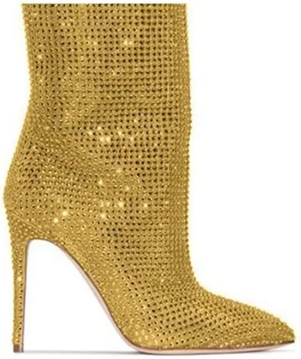 keleimusi Womens Crystal Embellished Knee High Boots Slouchy Shimmering textile Stiletto High Heeled Party Tall Boots