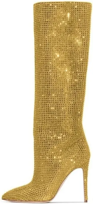 keleimusi Womens Crystal Embellished Knee High Boots Slouchy Shimmering textile Stiletto High Heeled Party Tall Boots
