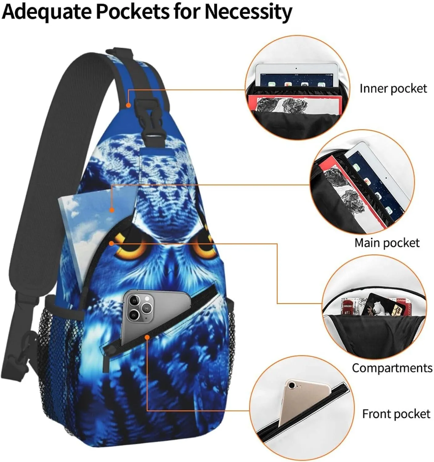 KHiry Sling Bag for Women Men Crossbody Bag Small Sling Backpack Blue Owl Chest Bag Hiking Daypack