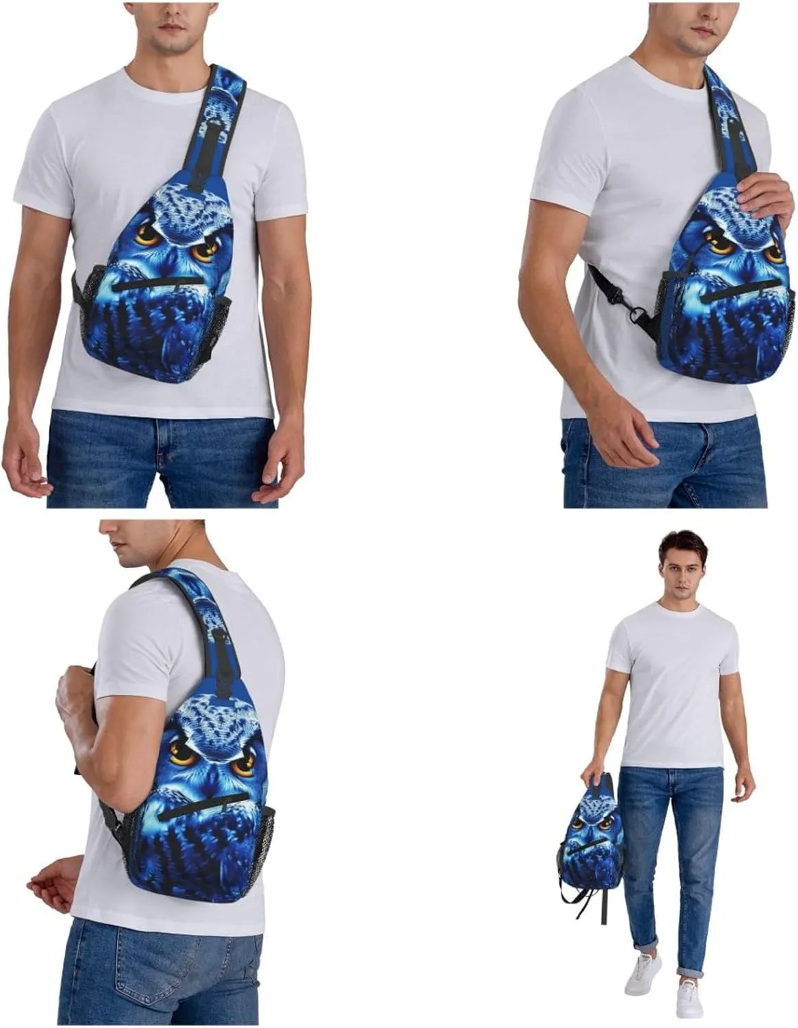 KHiry Sling Bag for Women Men Crossbody Bag Small Sling Backpack Blue Owl Chest Bag Hiking Daypack