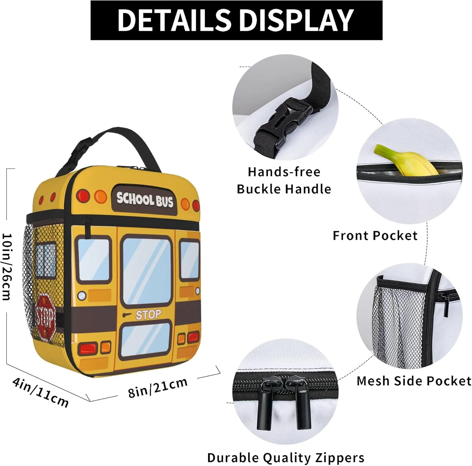 Kids Lunch Box Lunch Bag for Boys Girls, Reusable Insulated School Lunch Bag with Pockets, High Capacity Leakproof Thermal Cooler Sack Food Handbags for Picnic Camping Travel (School bus)