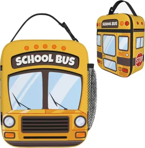 Kids Lunch Box Lunch Bag for Boys Girls, Reusable Insulated School Lunch Bag with Pockets, High Capacity Leakproof Thermal Cooler Sack Food Handbags for Picnic Camping Travel (School bus)
