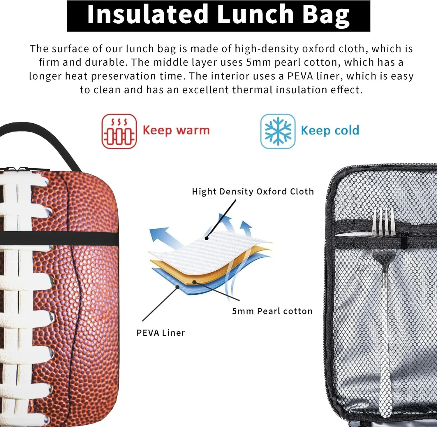 Kids Lunch Box Lunch Bag for Boys Girls Women Men, Reusable Insulated Lunch Boxes Tote Bag, High Capacity Leakproof Thermal Cooler Sack Food Handbags for School Work Picnic Camping (Football)