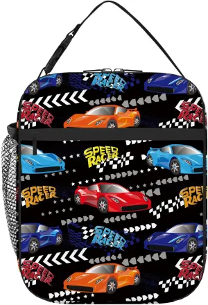 Kids Race Car Lunch Box, Funny Colorful Sports Car Speed Racer Lunch Bag for Boys Kids Men, Boys Cars Lunchbox, Black Portable Insulated Leakproof Cooler Lunch Tote Handbags for School