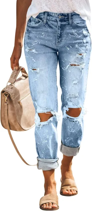 KUNMI Women's Ripped Mid Waisted Boyfriend Jeans Loose Fit Distressed Stretchy Denim Pants