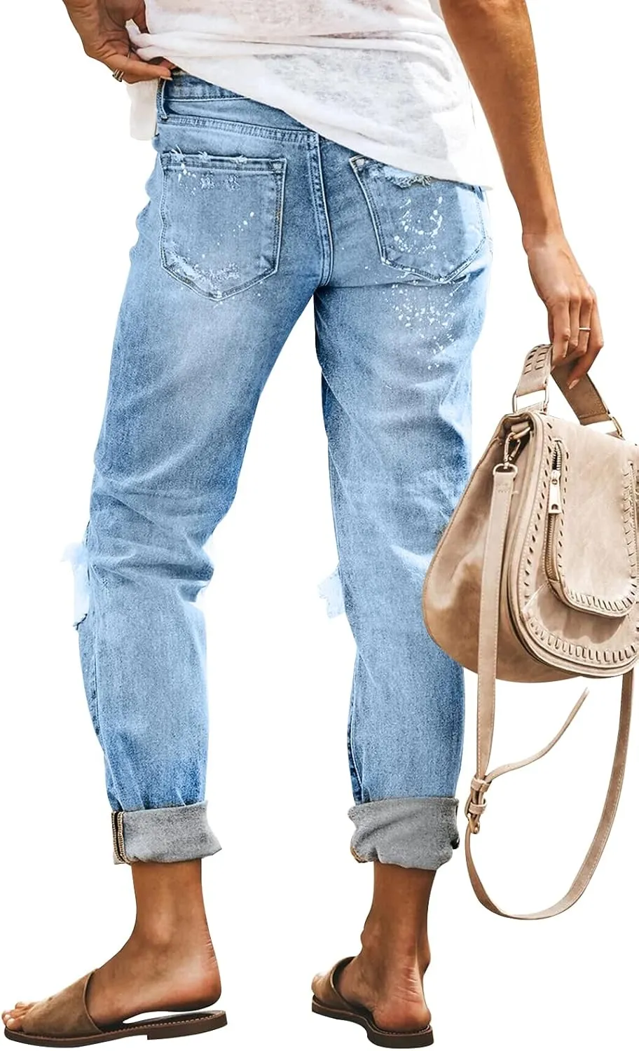 KUNMI Women's Ripped Mid Waisted Boyfriend Jeans Loose Fit Distressed Stretchy Denim Pants