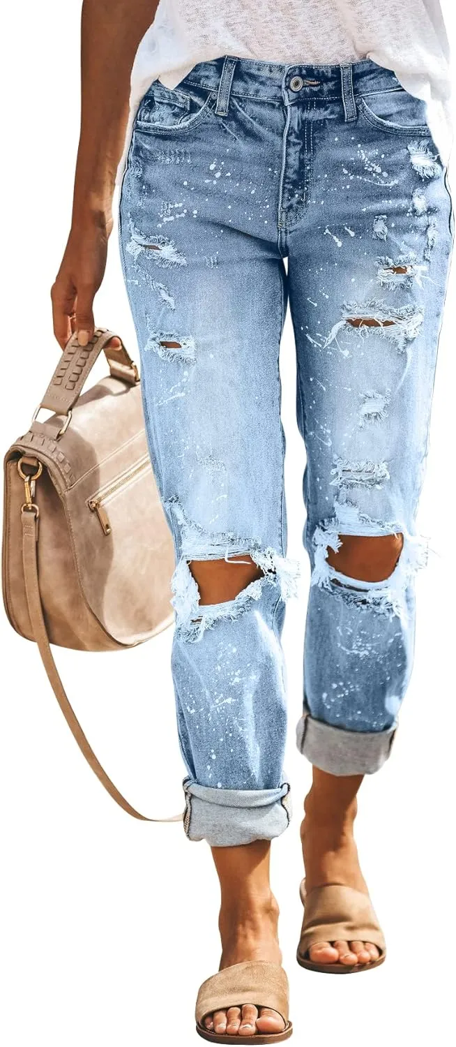 KUNMI Women's Ripped Mid Waisted Boyfriend Jeans Loose Fit Distressed Stretchy Denim Pants