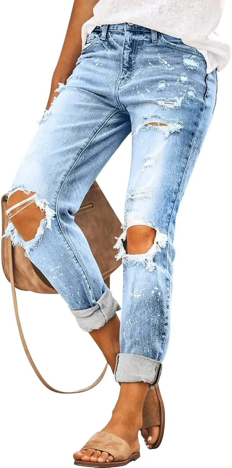 KUNMI Women's Ripped Mid Waisted Boyfriend Jeans Loose Fit Distressed Stretchy Denim Pants