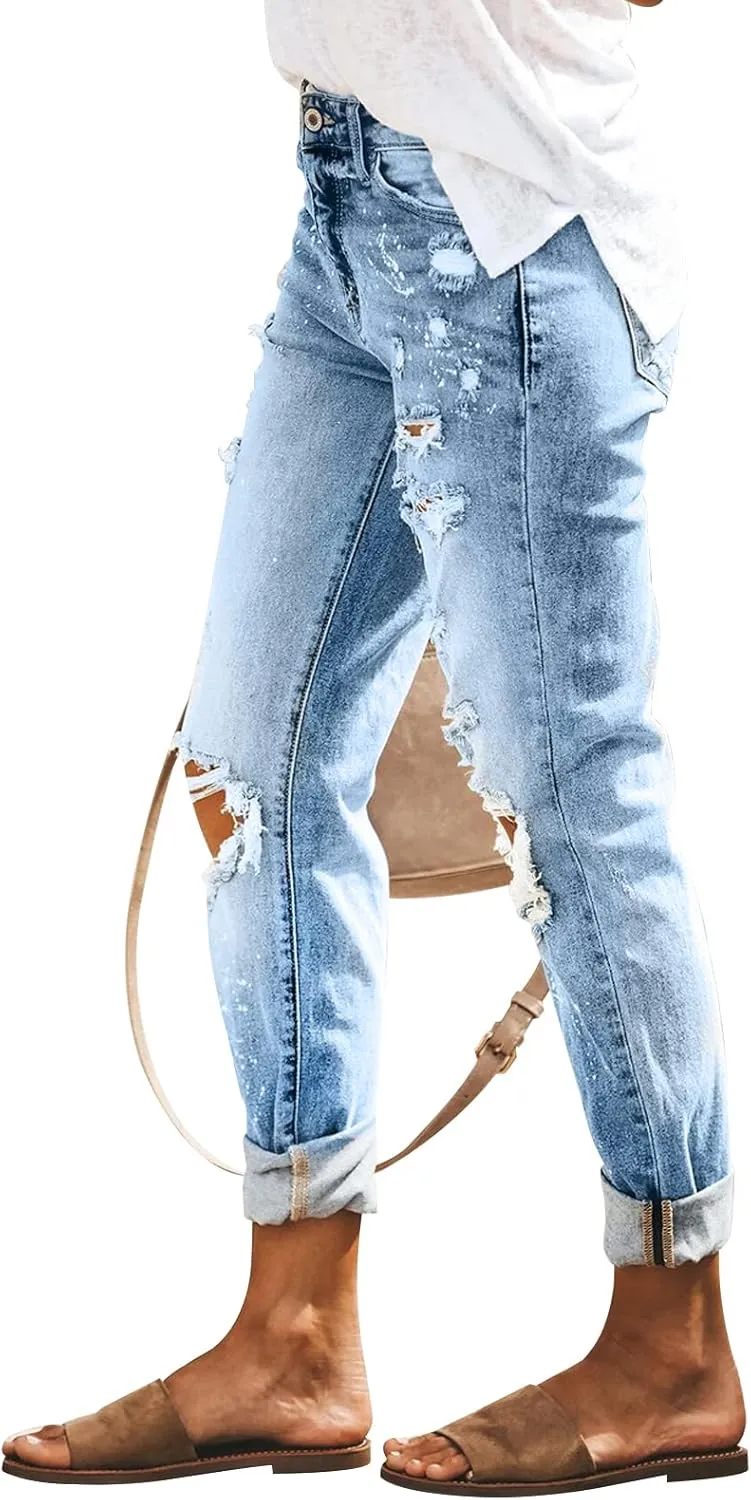 KUNMI Women's Ripped Mid Waisted Boyfriend Jeans Loose Fit Distressed Stretchy Denim Pants