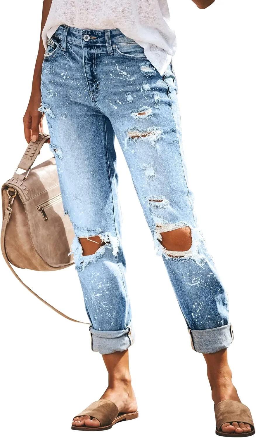 KUNMI Women's Ripped Mid Waisted Boyfriend Jeans Loose Fit Distressed Stretchy Denim Pants