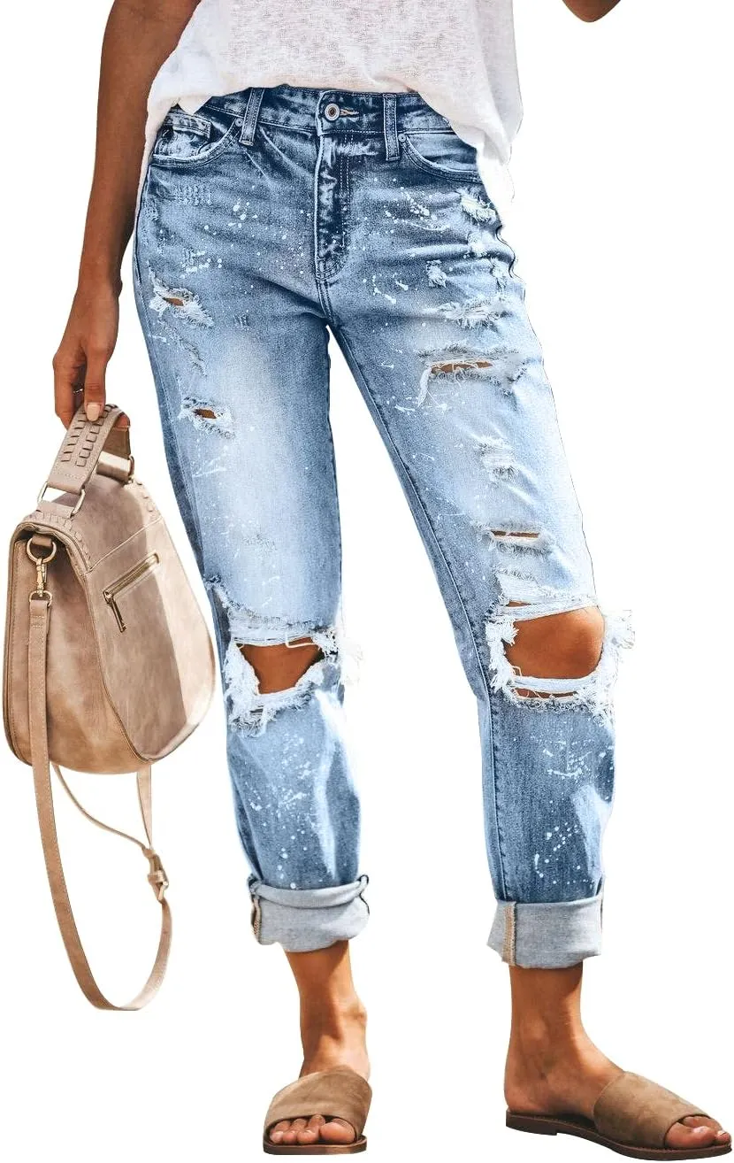 KUNMI Women's Ripped Mid Waisted Boyfriend Jeans Loose Fit Distressed Stretchy Denim Pants
