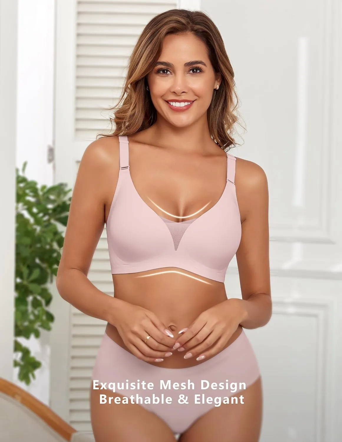 Lace V Mesh Wireless Bras Push Up Bralette Seamless Plunge Bra Everyday Bras for Women No Underwire with Extender