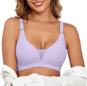 Lace V Mesh Wireless Bras Push Up Bralette Seamless Plunge Bra Everyday Bras for Women No Underwire with Extender