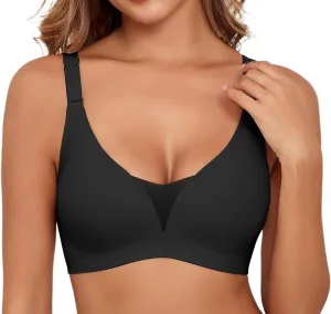 Lace V Mesh Wireless Bras Push Up Bralette Seamless Plunge Bra Everyday Bras for Women No Underwire with Extender