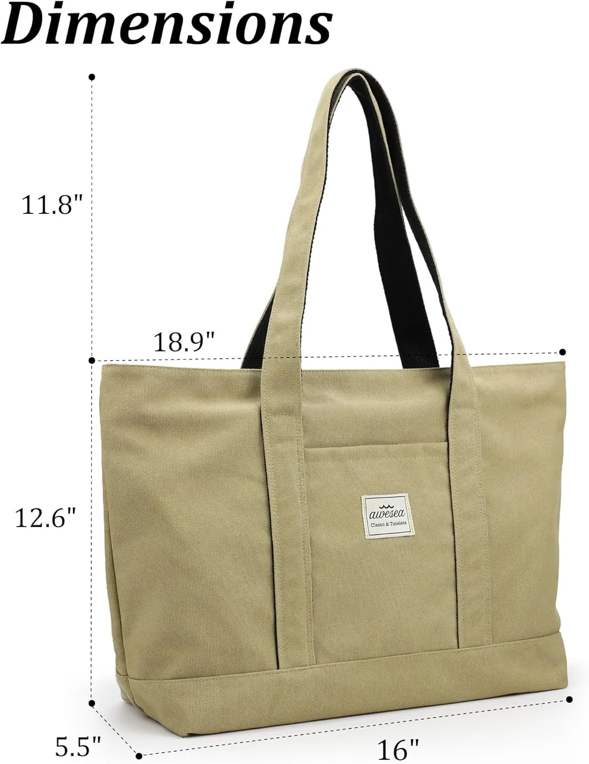 Large Canvas Tote Bag with Zipper for Women - Durable Women's Tote Purse with Front Pocket